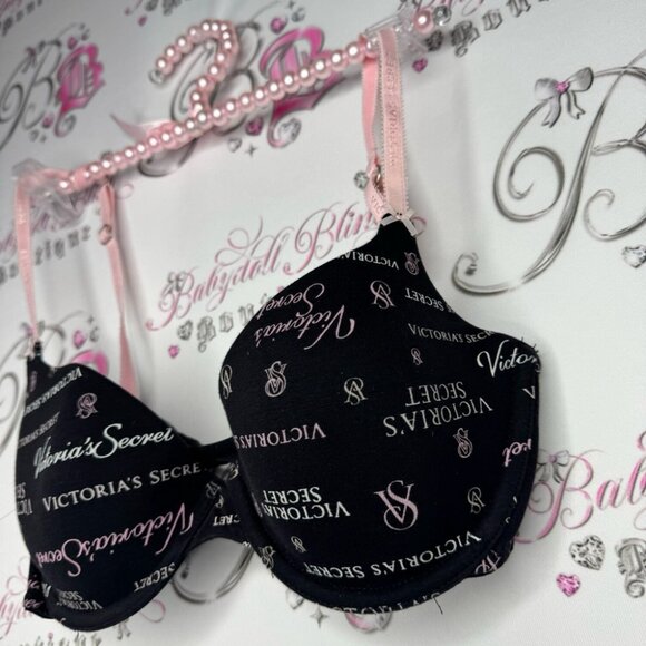 Victoria secret bra logo print black pink writing rare all over logo straps - Picture 3 of 6